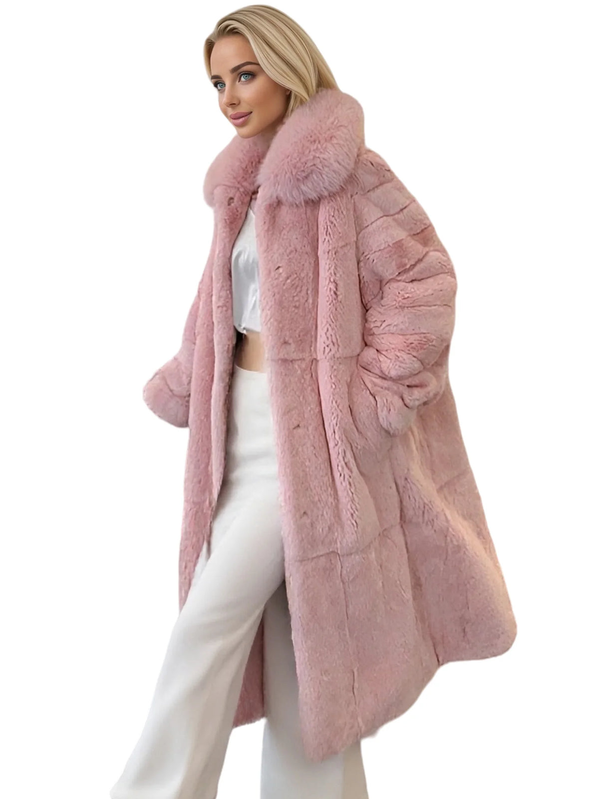 Women X-long Whole Skin Rex Rabbit Fur Coat Luxury High-end Natural Fur Jacket Oversized Genuine Fox Fur Collar