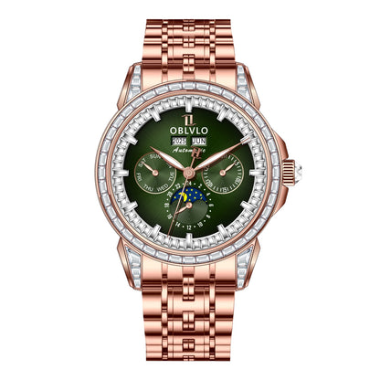 OBLVLO Men's Fashion Automatic Watch Colorful Zircon Moonphase Mechanical Multifunctional Black Leather Strap Timepiece...