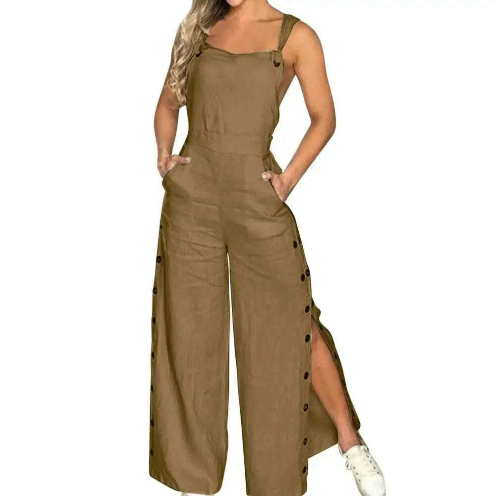 Women's Sleeveless Wide Leg Jumpsuit with Side Pockets And Button Closure Solid Color Loose Straight-Leg Romper for Women