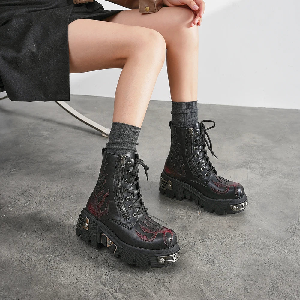 2025 New Punk Women Platform Ankle Boots Female's Rock Round Toe Lace Up Fashion Retro Chunky Shoes Metal Decor Short Boots