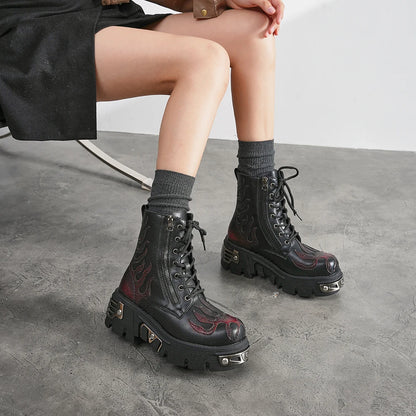 2025 New Punk Women Platform Ankle Boots Female's Rock Round Toe Lace Up Fashion Retro Chunky Shoes Metal Decor Short Boots
