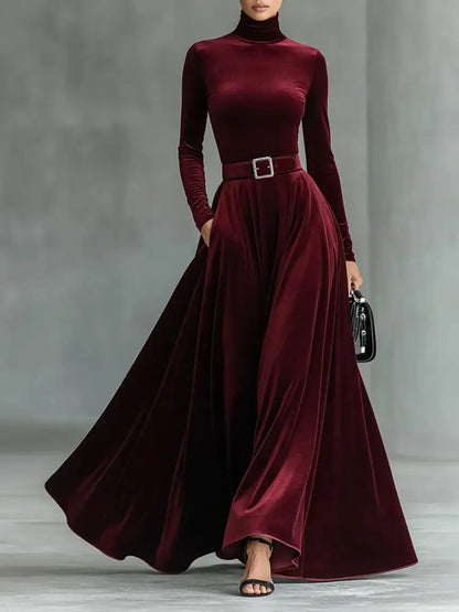 Velvet High Collar Base Dr Evening Gown mid Waist Long Skirt Ci Commute Sle Autumn Season Women's Faion Single Piece |...