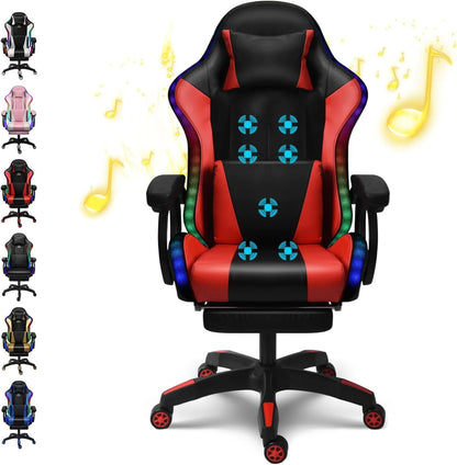 Gaming Chair with Speakers & RGB LED Lights Ergonomic Computer Gaming Chair with Footrest Music Video Game Chair
