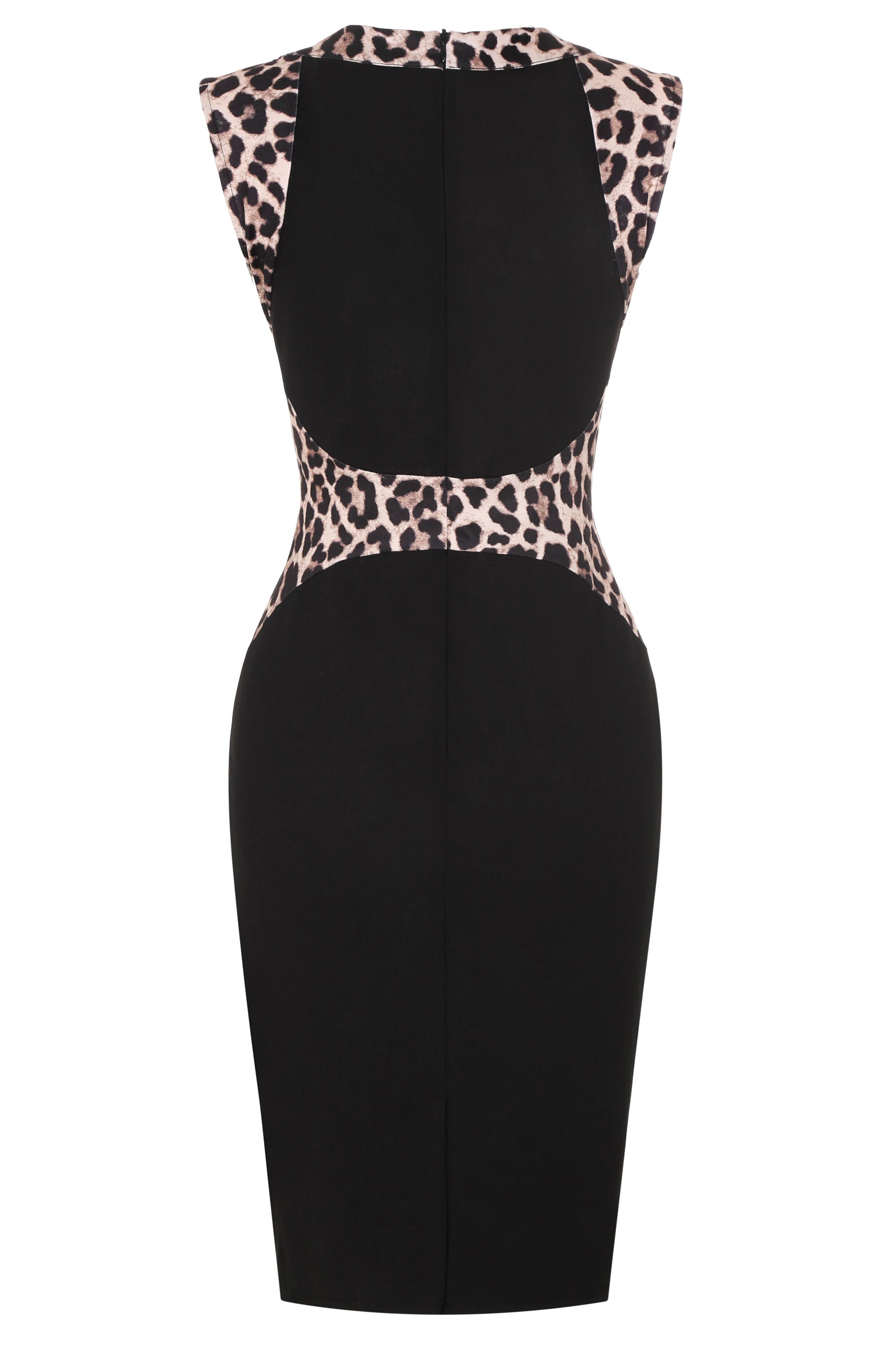 Womens Leopard Patchwork Crew Neck Sleeveless Cocktail Knee Length Business Casual Party Summer Pencil Bodycon Sheath Dress - Kimlud