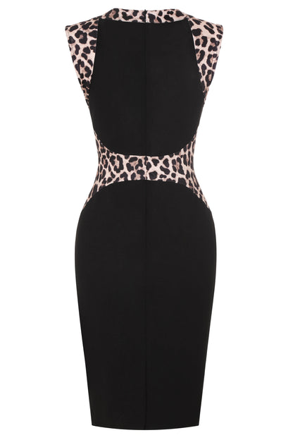 Womens Leopard Patchwork Crew Neck Sleeveless Cocktail Knee Length Business Casual Party Summer Pencil Bodycon Sheath Dress - Kimlud