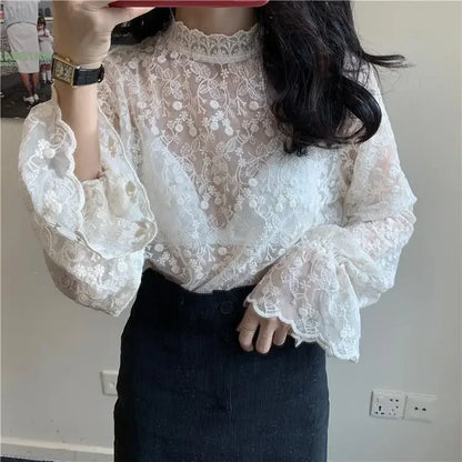 M-3XL Lace Blouses Women Sweet Flare Sleeve Elegant Inside Basic Ladies Designer Aesthetic Classical Temper Chic Korean Fashion