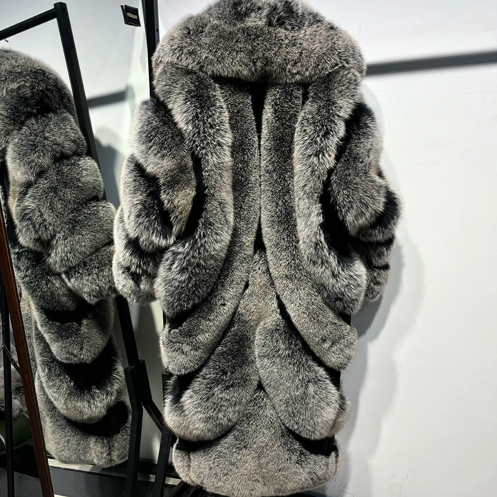 YOLOAgain 2025 Winter Warm Luxury Real Fox Fur Coat Women Pink Fox Fur Jacket Long