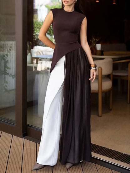 TWOTWINSTYLE Solid Slimming Spliced Folds Irregular Blouses for Women Round Neck Sleevelless High Waist Long Blouse Female New - Kimlud