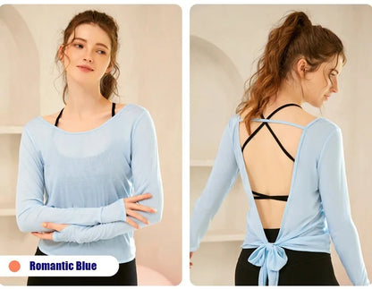 Cloud Hide SEXY Back Sports Cover-up Women Long Sleeve Cycling Shirt Yoga Top Fitness Running Workout Bra Cover up Sportswear - Kimlud