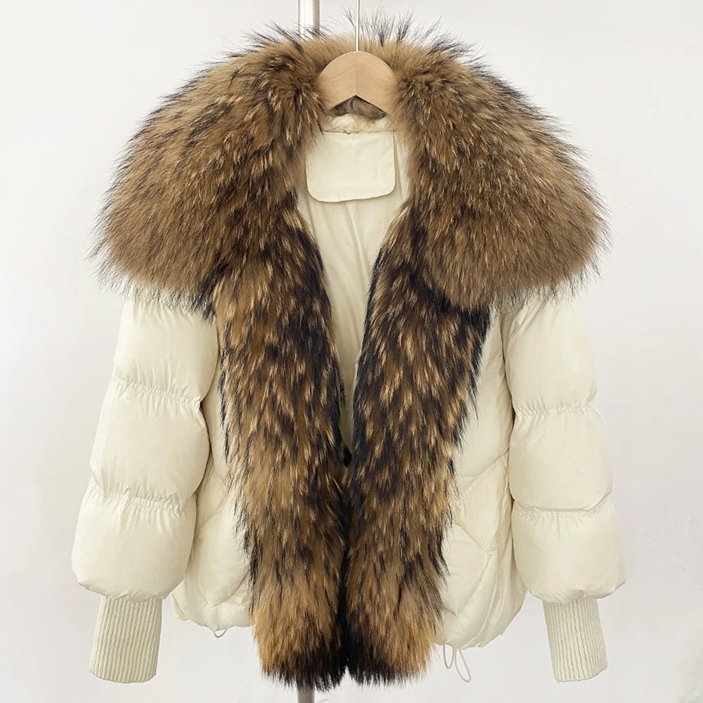 OFTBUY Large Real Raccoon Fur Jacket Knit Sleeve Real Fur New Winter Puffer Jacket Women White Duck Down Coat Oversized Feather