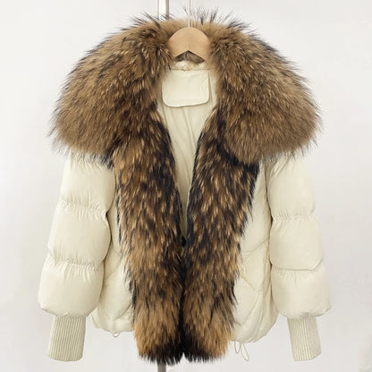 OFTBUY Large Real Raccoon Fur Jacket Knit Sleeve Real Fur New Winter Puffer Jacket Women White Duck Down Coat Oversized Feather