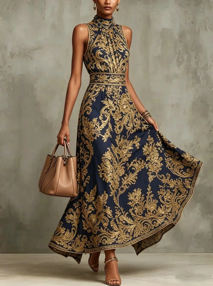 Baroque Print Halter Neck Maxi Dress Sleeveless High Waist A-Line Formal Evening Gown Elegant Vintage Party Dress for Women
