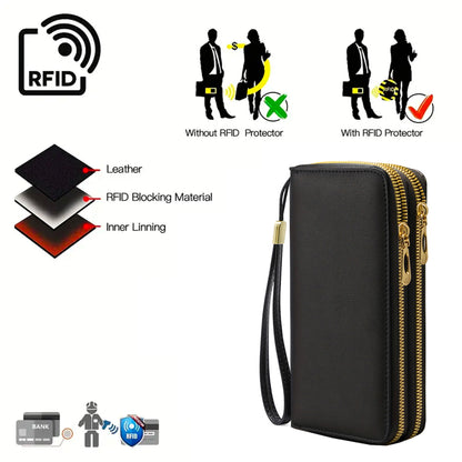 Fashionable RFID anti-theft new women's long wallet with dual zippers, multifunctional credit card bag, coin and change...