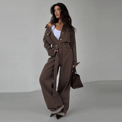 Chic Denim Women's Jumpsuit Turn-Down Collar Lace Up Full Sleeve Lady Long Jumpsuits 2026 Spring Casual Female Streetwear - Kimlud