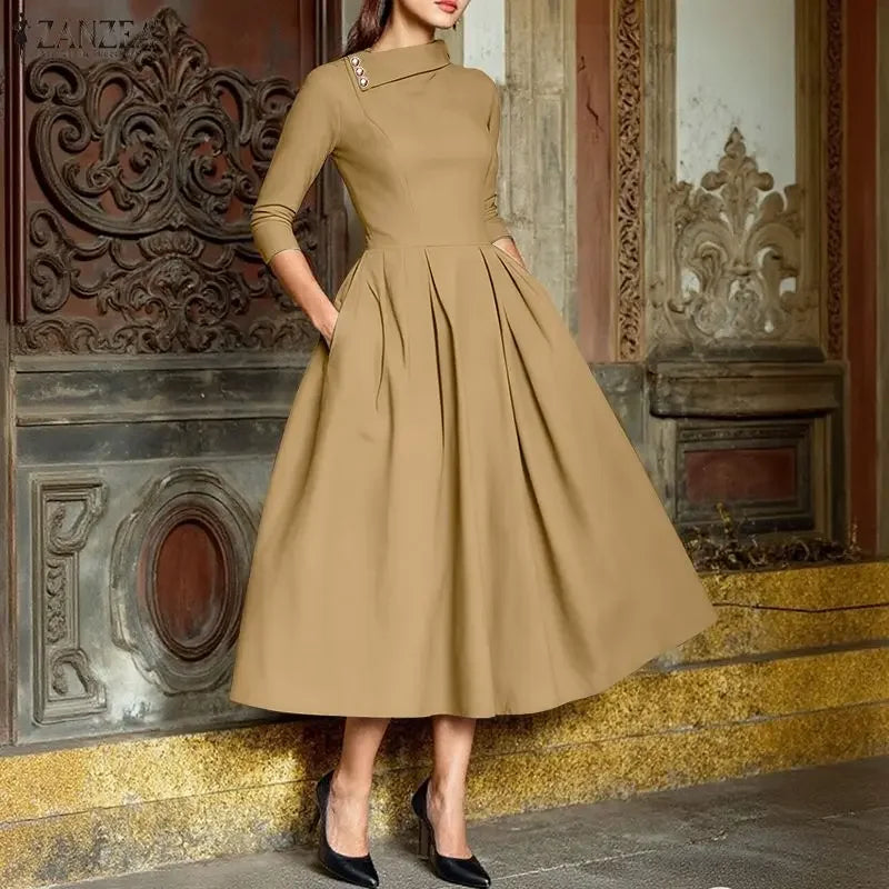Women Vestidos ZANZEA Elegant Long Dresses 2026 Summer Spring Casual A-Line Fashion Buttons Lapel Solid Color Midi...