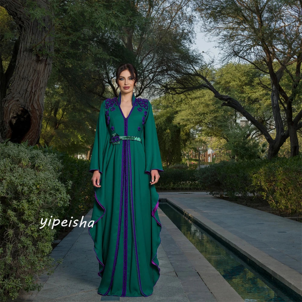Customized   Jersey Flower Sashes Ruched Wedding Party A-line V-neck Bespoke Occasion Gown Long Dresses