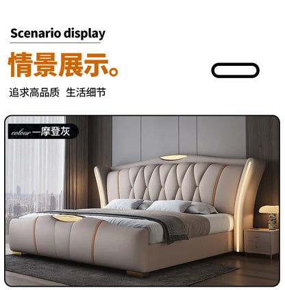 Home Leather bed with light modern minimalist lit 150x200 180x200 200x220 cm Double bed 2 people bedroom beds frames Furniture