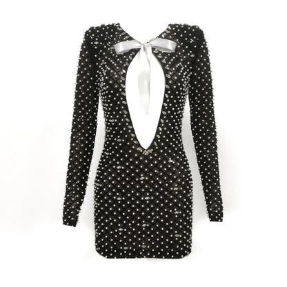 VC Pearl Sequins Hollow Out Short Dress For Women Sexy Long Sleeve Key Hole Bow Tie Diamond Beige Mini Evening Party Dress