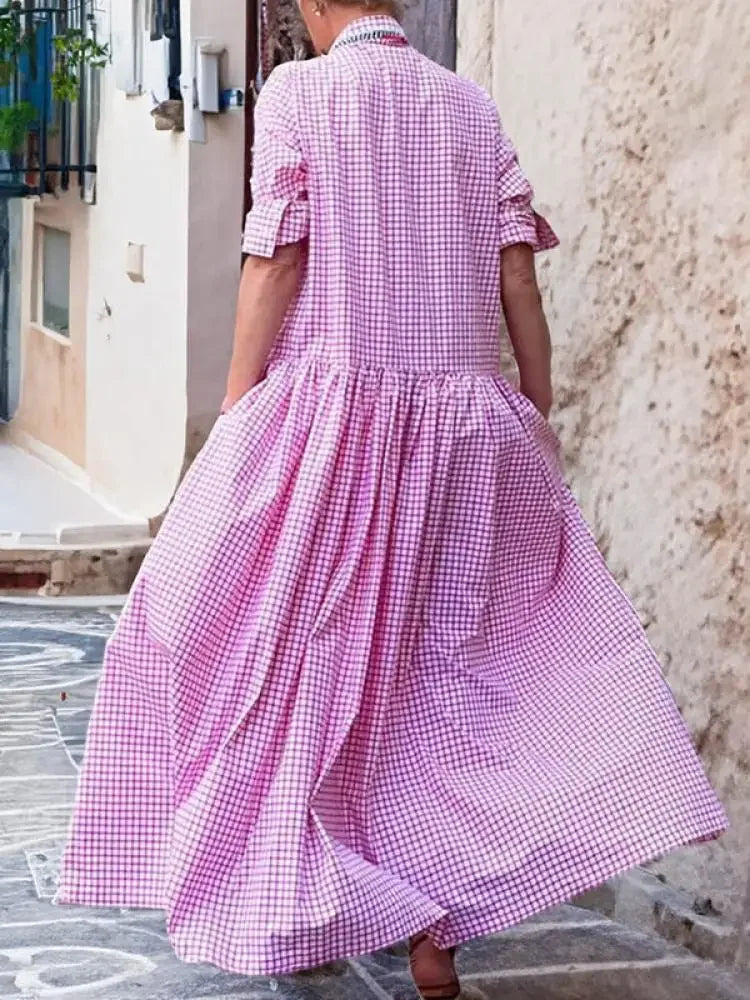 DSMTRC 2024 New Spring Autumn Long Sleeve Loose Button Casual Maxi Dresses Woman Korean Fashion Plaid Pleated Lapel Shirts Dress