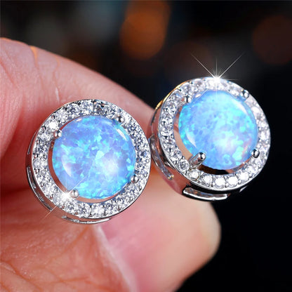 Cute Female Crystal White Blue Opal Round Stone Stud Earrings Silver Color Wedding Jewelry For Women | Kimlud Mid Range...