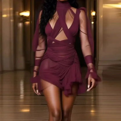 Fashion High Collar Draped Ruffle Mini Dress Elegant Hight Waist Solid Color Short Dress Casual Long Sleeve Women's Party Dress