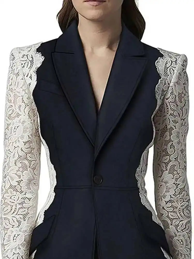 DEAT Fashion Women's Blazer New Fashion Notched Lace Patchwork Long Sleeve Contrast Suit Jackets Female Spring 2025 17A1298