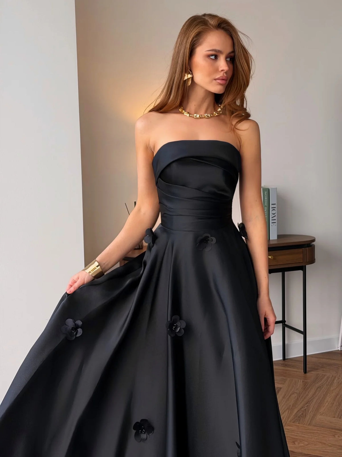 Ofherown 2026 Strapless Satin Evening Dress Prom Gown A Line Formal Party Dress With 3D Flower Appliques