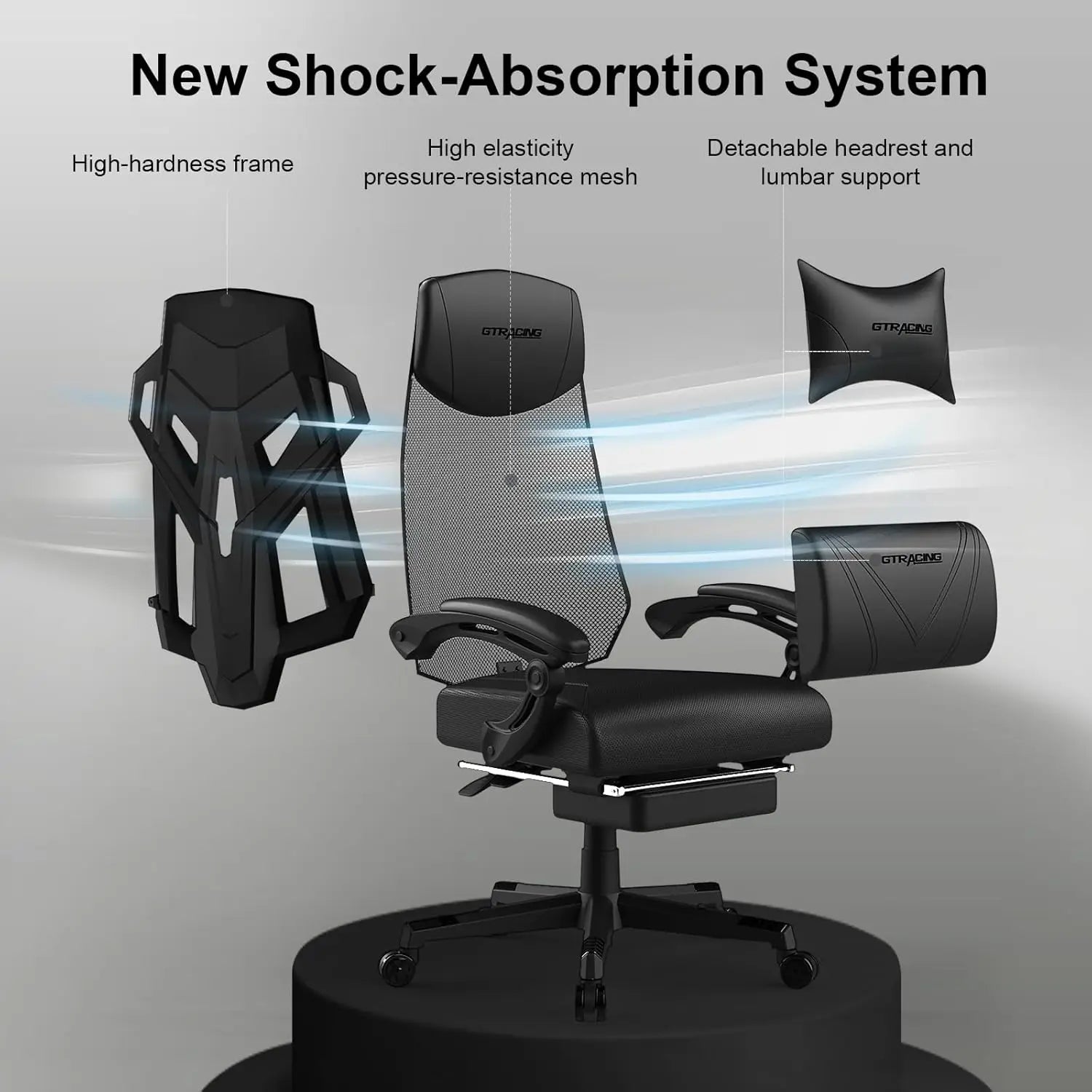 Ergonomic Gaming Chair with Mesh Back, Adjustable Recline, Footrest, Headrest and Lumbar Support for Office and Home Use (Black)