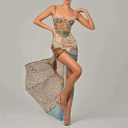 Summer Beach Leopard Print Dress Sexy Lace Split Patchwork Chiffon Dresses Women Elegant Sleeveless Backless Beach Evening Gowns