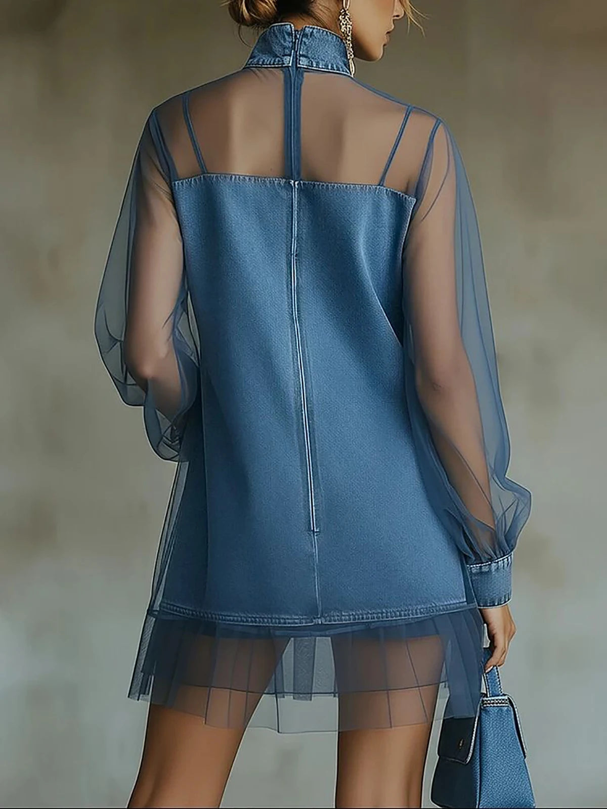 Women's Denim Mesh Patchwork Mini Dress Blue Vintage High Neck Sheer Long Sleeve Ruffle Hem Mesh Sheer Casual Streetwear Dresses - Kimlud