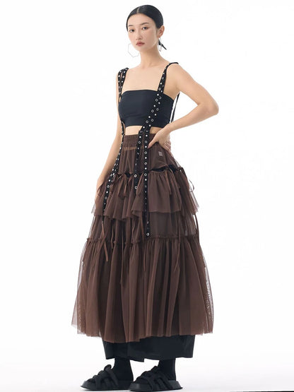 [EAM] High Elastic Waist Coffee Mesh Perspective Ribbon Strap Half-body Skirt Women Fashion Tide New Spring Autumn 2026 1DJ5044