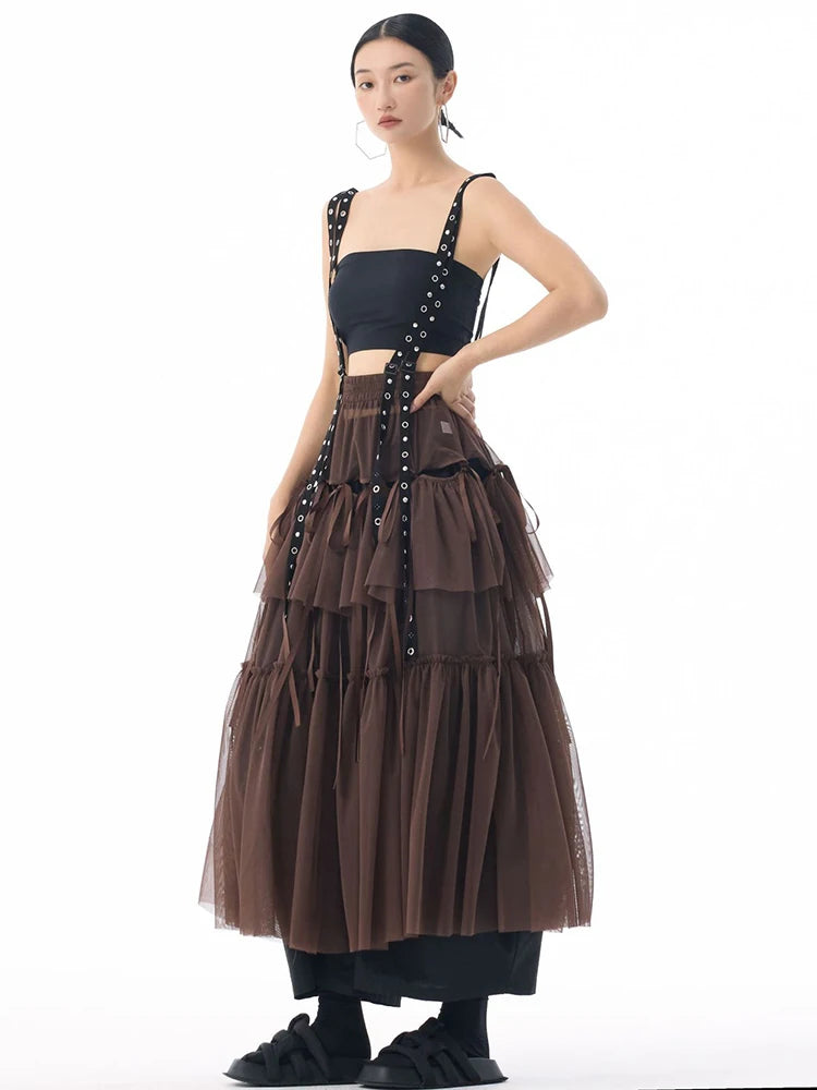 [EAM] High Elastic Waist Coffee Mesh Perspective Ribbon Strap Half-body Skirt Women Fashion Tide New Spring Autumn 2026 1DJ5044