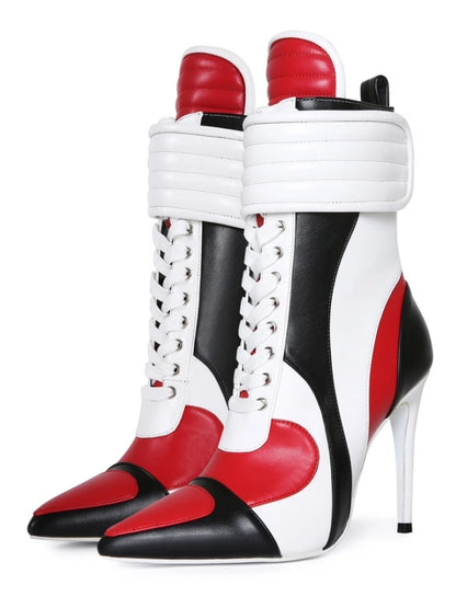 Women Pointed Toe Stiletto High Heel Ankle Boots Color Block Lace Up Fashion Party Club Punk Streetwear Booties