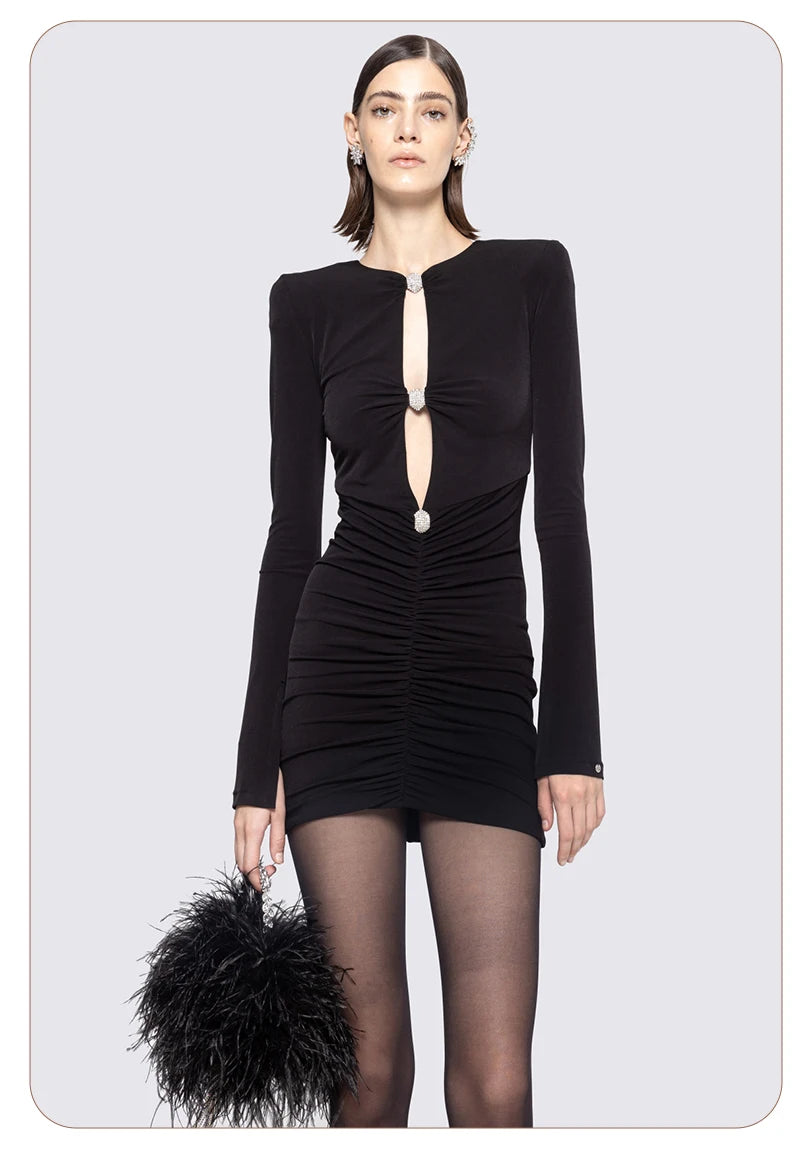 VC Chic Black Long Sleeved Ruched Mini Dress with Crystal Detailing for a Special Night Out