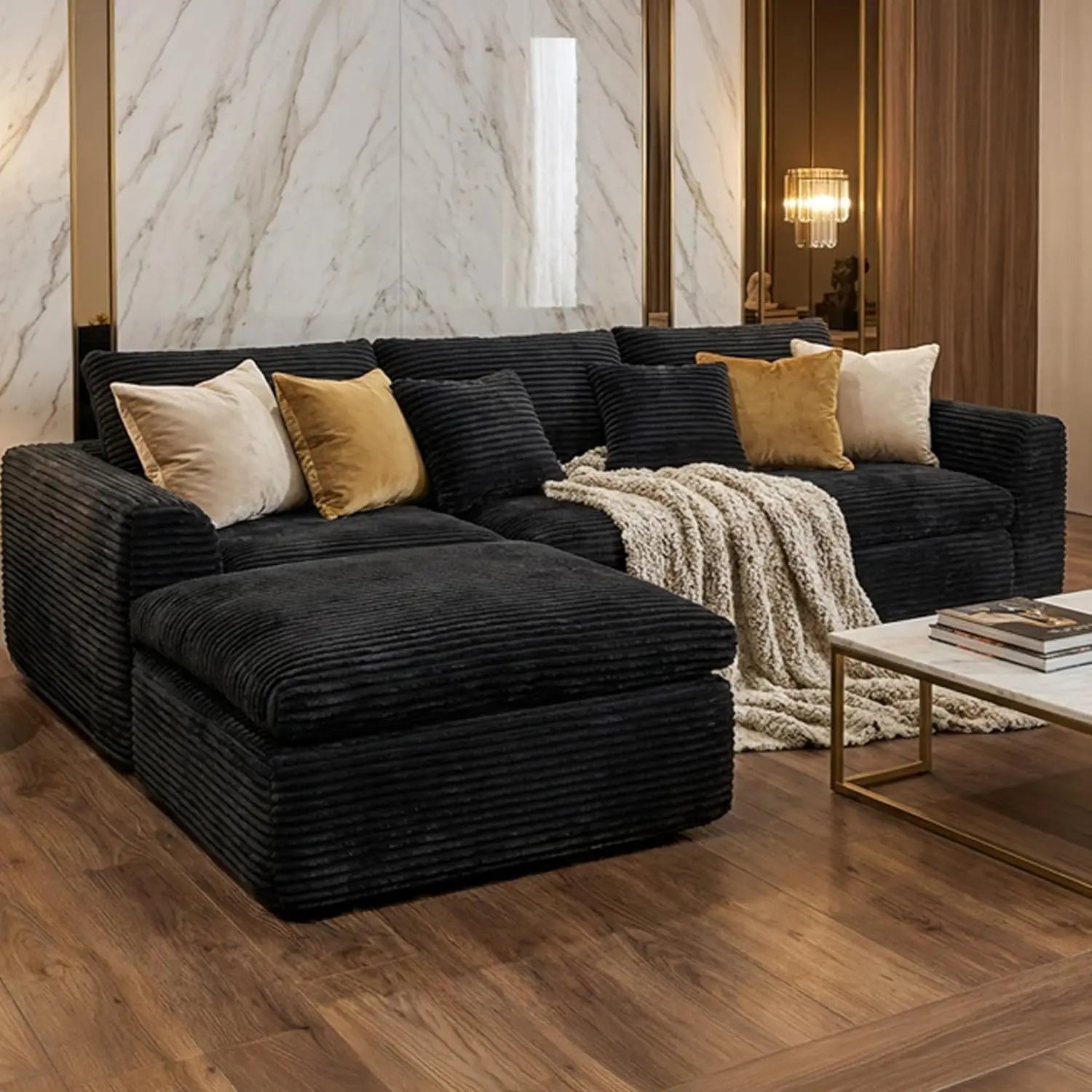 Boneless L-Shaped Modular Couch - 108 Inch Cloud Corduroy Sectional Sofa,Deep Seating Comfort, No Assembly, Ideal, Customized - Kimlud