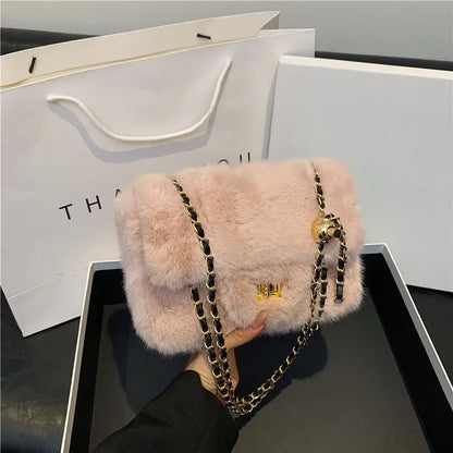 Mini Furry Chain Shoulder Bag for Women New Style Autumn Winter Casual Pure Color Polyester Velvet Lining Crossbody Bag