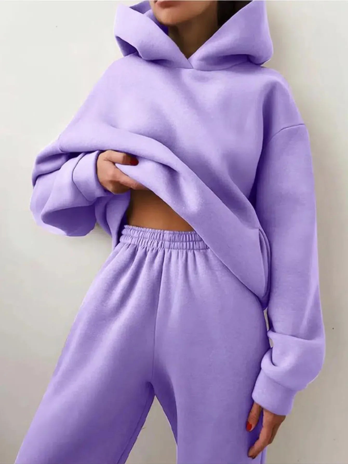 Women's Tracksuit Casual Solid Long Sleeve Hooded Sport Suits Autumn Warm Hoodie Sweatshirts and Long Pant Fleece Two Piece Sets
