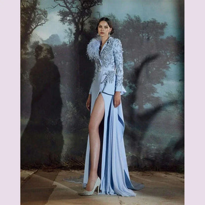 Elgant Feather Wrap Prom Dresses With Belt Hand Made Appliqued Beads Evening Party Gowns 2024 High Side Split Vestidos De Novia