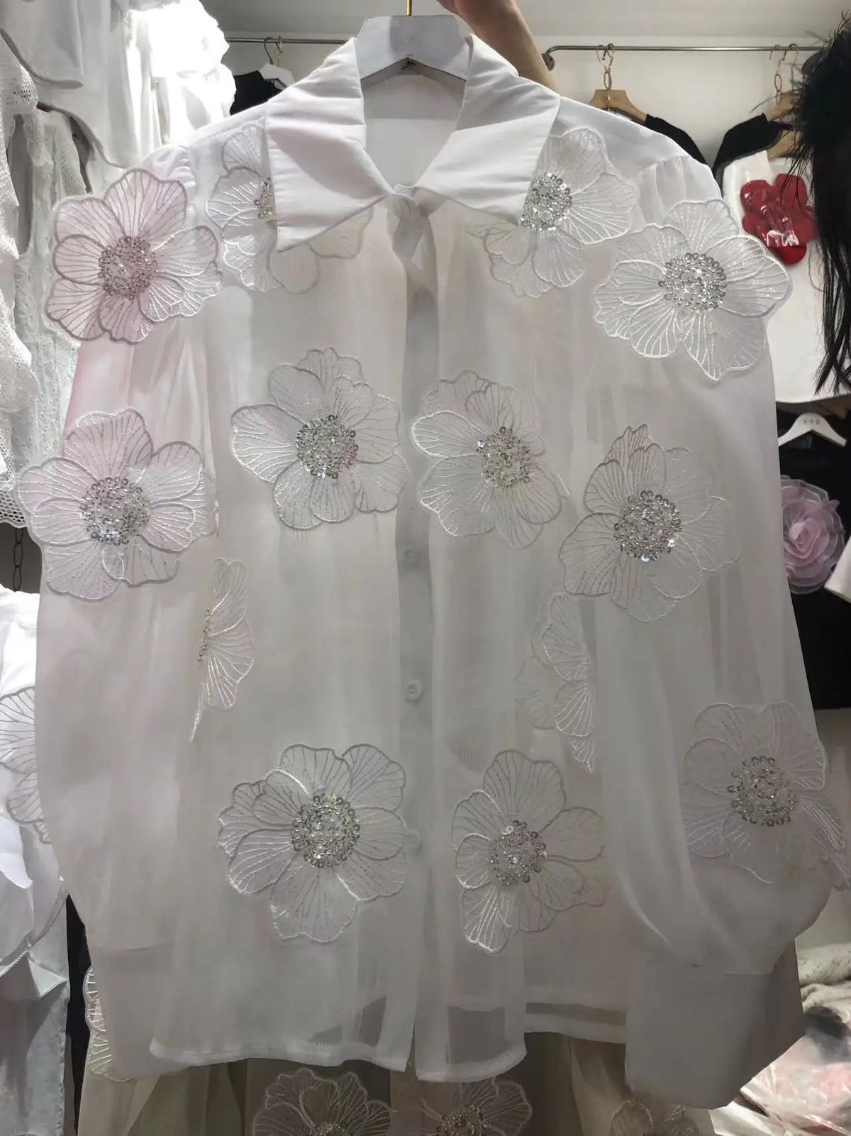 2024 Spring Summer Long Sleeve Sequins Petals Applique White Beige Mesh Shirts and Blouses For Women Sexy See- through...