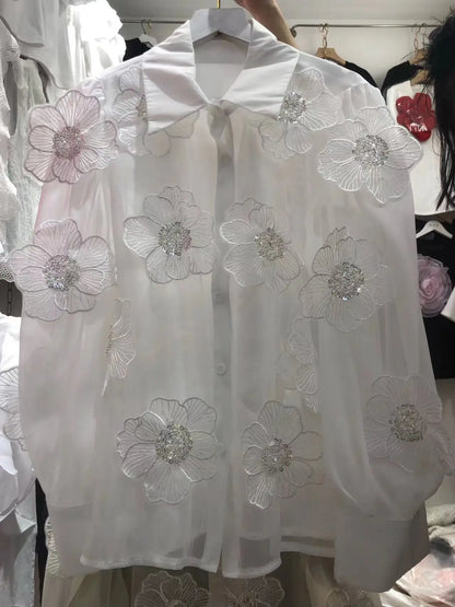 2024 Spring Summer Long Sleeve Sequins Petals Applique White Beige Mesh Shirts and Blouses For Women Sexy See- through...
