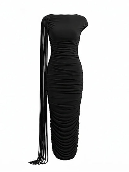 Sexy O Neck Tassel Patchwork Folds Long Dress Women Black Sleeveless Ruched Bodycon Slim Dresses Celebrity Evening Party...