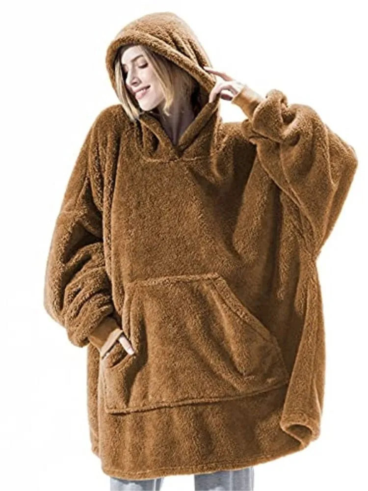 Long Sleeves With Pockets Hoodie Pajamas Women Autumn Winter Fashion Solid Color Loose Double-sided Velvet Home Clothes...