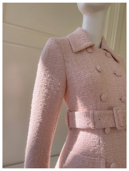 IEQJ Fashion Autumn Pink Woolen Coat Women Turn-Down Collar Double Breasted Sashes Tighten Waist Slim Blends Coat New