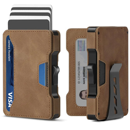 Minimalist Mens Wallet with Money Clip, Aluminum Pop Up Card Case and Leather Slots Credit Card Holder RFID Blocking Wallet