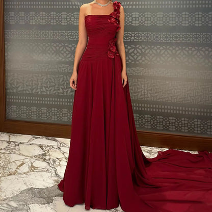 Burgundy One Shoulder Evening Dress 3D Floral Appliques Long Train Formal Gown for Gala Party
