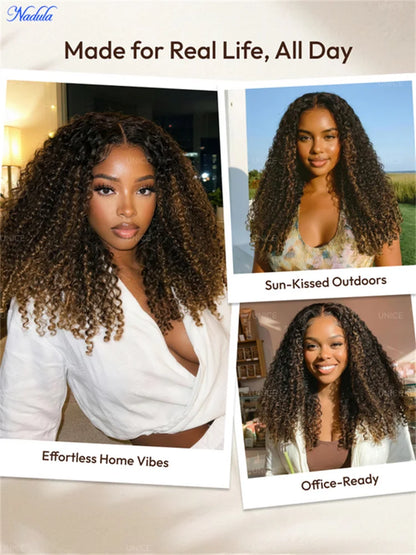 Nadula Burmese Curly Glueless Wig with Finger Coils End Chestnut Brown Ombre 7x5 Pre Cut HD Transparent Lace Pre...
