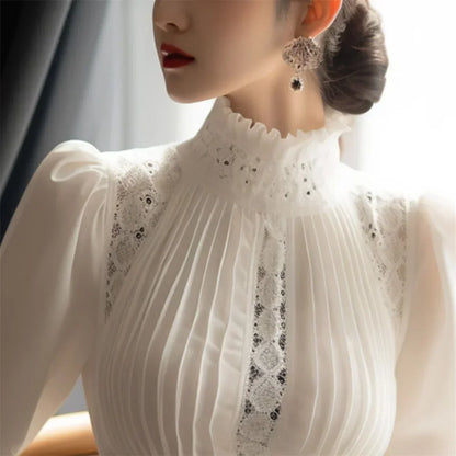 2024 Spring Ladies Patchwork Lace Hollow Out Long Sleeve Shirt Tops New Korean Fashion Women's Solid Color Stand Collar Blouses