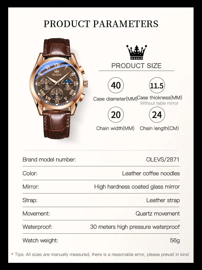 OLEVS 2871 Men Watch Original Brand Quartz Watch Multifunctional Chronograph Watch For Man Waterproof Luminous Moon Phase Watch - Kimlud