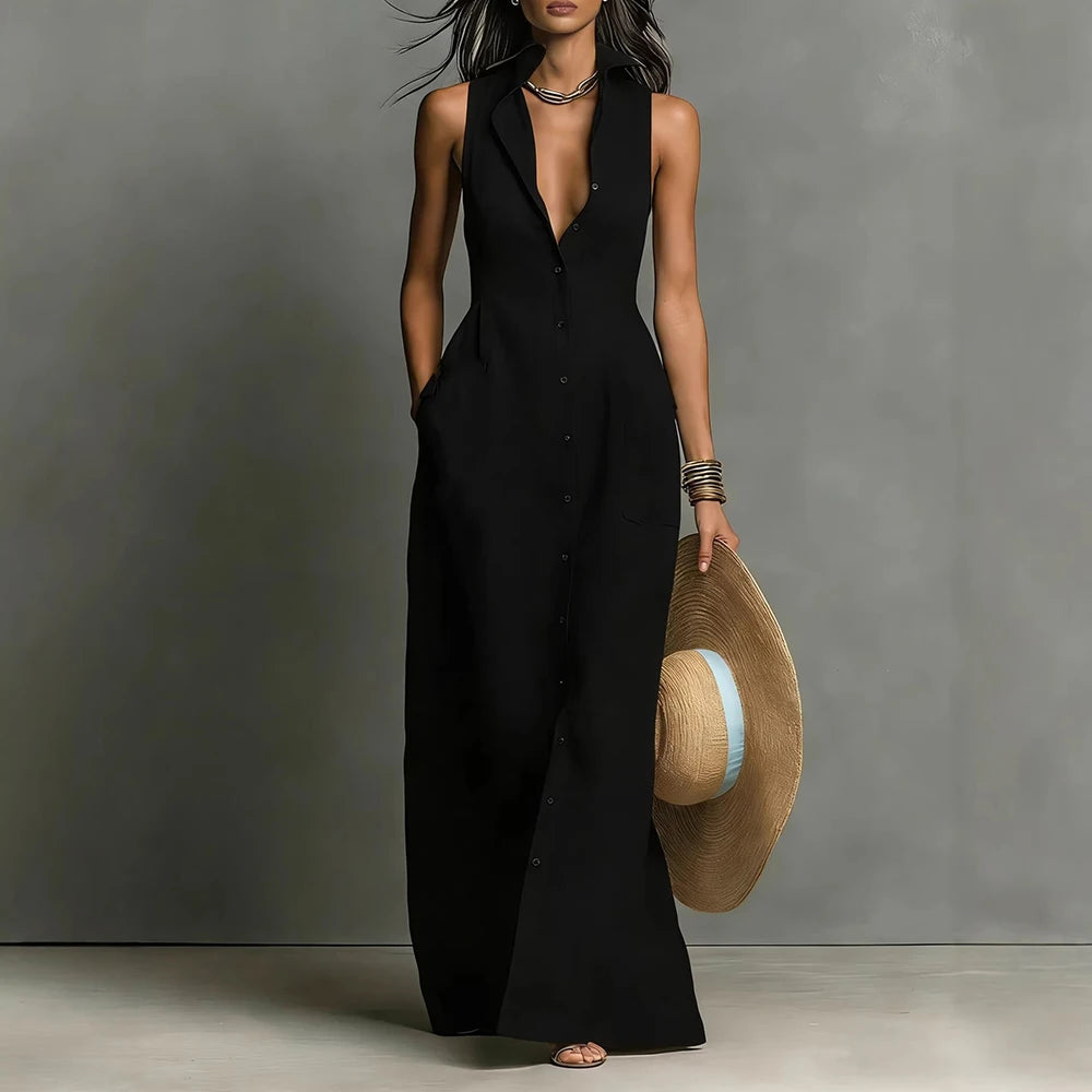 Women Maxi Dress Sleeveless Lapel Collar Button Down Shirt Dress With Pockets Deep V Neck Summer Beach Vacation Long Sundress