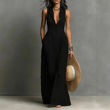 Women Maxi Dress Sleeveless Lapel Collar Button Down Shirt Dress With Pockets Deep V Neck Summer Beach Vacation Long Sundress